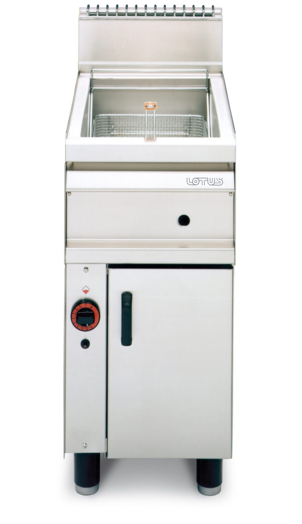 FRIGGITRICE GAS SU MOBILE - Vasca lt. 15 cm. 33x38x38h - Cesto cm. 30x33x12h - Bacinella raccogli olio con filtro - Produzione patate: 15 kg/h