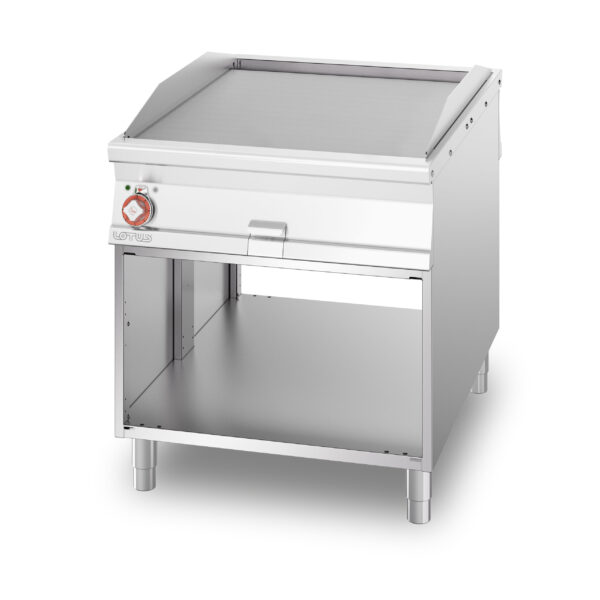 Fry-top elettrico passante liscio cromato SUPERCHROME (Moca Approved), su mobile a giorno, piastra cm.76x85 - 2 zone di cottura (inclusa 1 testata chiusura piano mod.TPA-11)