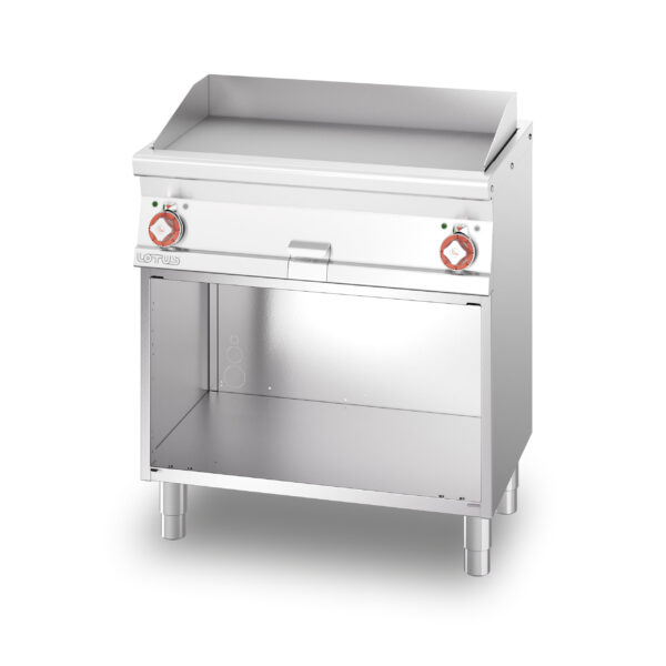 Fry-top elettrico liscio cromato SUPERCHROME (Moca Approved), su mobile a giorno, piastra cm.76x34 - 2 zone di cottura (inclusa 1 testata chiusura piano mod.TPA-55)