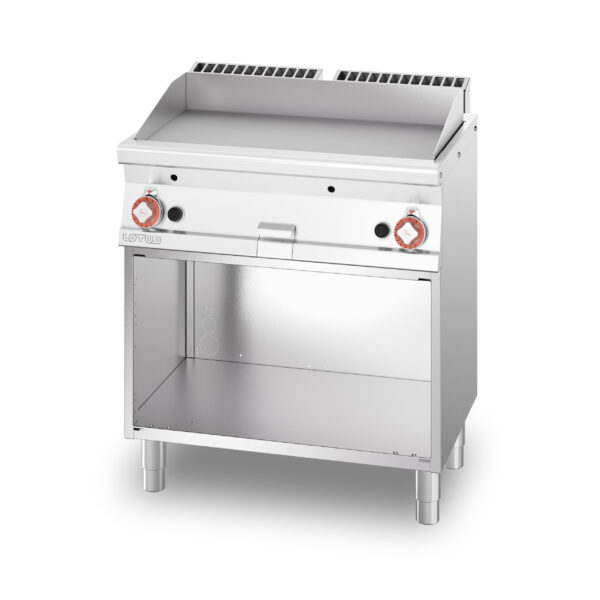Fry-top gas liscio cromato SUPERCHROME (Moca Approved), su mobile a giorno, piastra cm.76x34 - 2 zone di cottura (inclusa 1 testata chiusura piano mod.TPA-55)