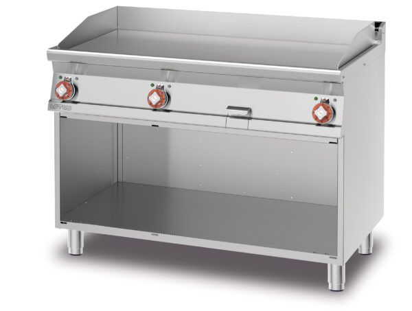 Fry-top elettrico liscio CROMO LUCIDO, su mobile a giorno, piastra cm.116x51 - 3 zone di cottura (inclusa 1 testata chiusura piano mod.TPA-7)