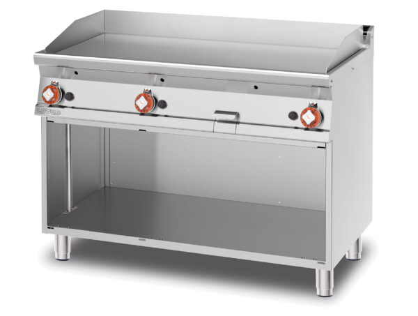 Fry-top gas liscio, su mobile a giorno, piastra cm.116x51 - 3 zone di cottura (inclusa 1 testata chiusura piano mod.TPA-7)