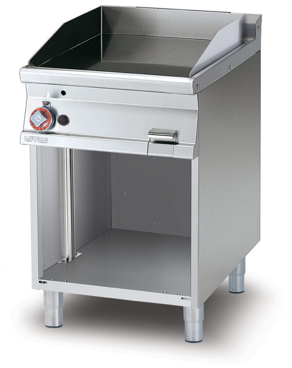 Fry-top gas liscio cromato SUPERCHROME (Moca Approved), su mobile a giorno, piastra cm.56x51 (inclusa 1 testata chiusura piano mod.TPA-7)