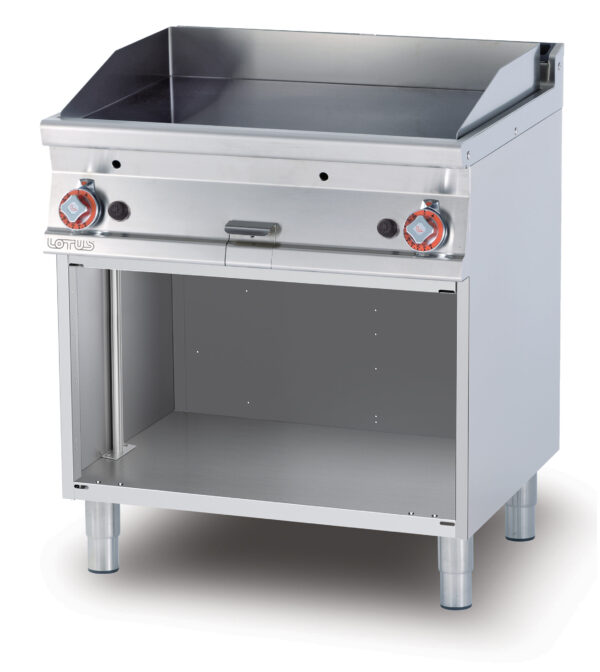 Fry-top gas liscio cromato SUPERCHROME (Moca Approved), su mobile a giorno, piastra cm.76x51 - 2 zone di cottura (inclusa 1 testata chiusura piano mod.TPA-7)