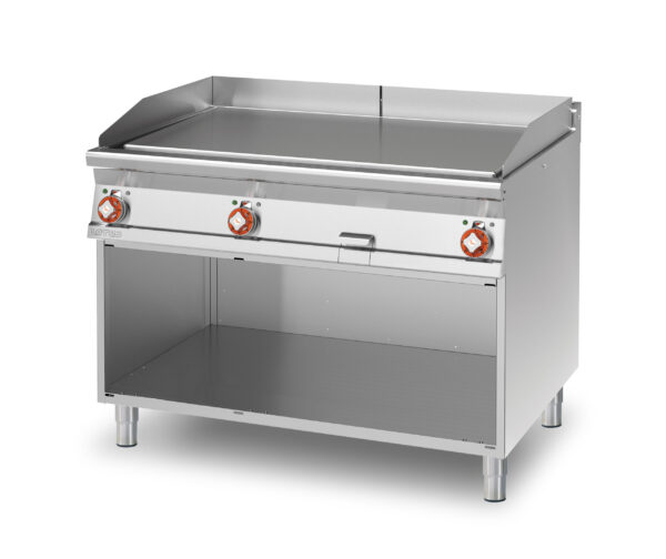 Fry-top elettrico liscio cromato SUPERCHROME (Moca Approved), su mobile a giorno, piastra cm.110,5x65 - 3 zone di cottura (inclusa 1 testata chiusura piano mod.TPA-9)