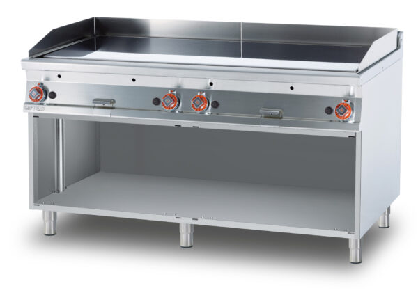 Fry-top gas liscio cromato SUPERCHROME (Moca Approved), su mobile a giorno, piastra cm.150,5x65 - 4 zone di cottura (inclusa 1 testata chiusura piano mod.TPA-9)