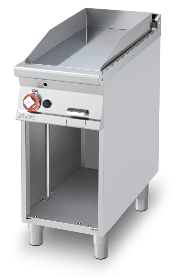 Fry-top gas liscio CROMO LUCIDO, su mobile a giorno, piastra cm.36x68 (inclusa 1 testata chiusura piano mod.TPA-9)