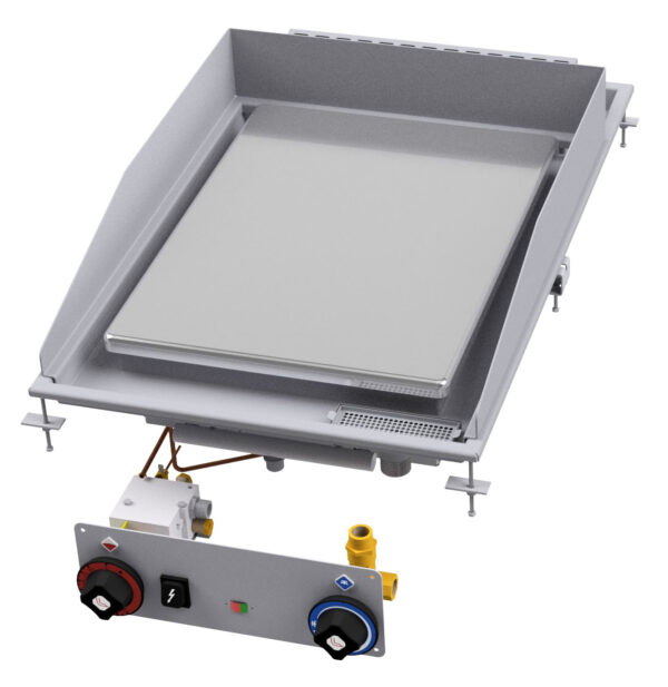 Fry-top gas liscio cromato SUPERCHROME (Moca Approved), piastra cm.39x68,5. Accensione elettrica, indicatore presenza fiamma pilota, canala perimetrale allagabile, scarico con filtro removibile.