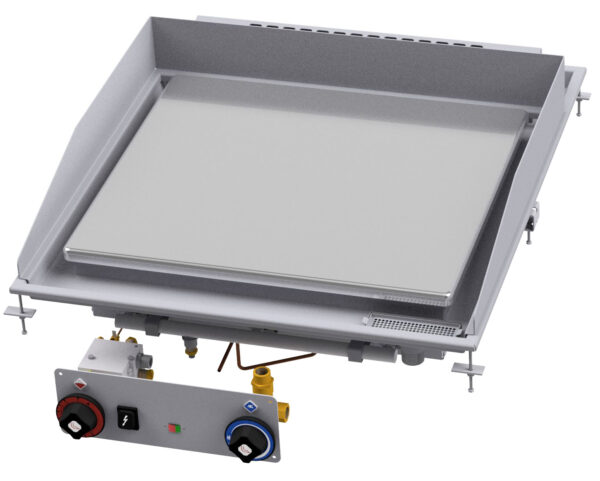 Fry-top gas liscio cromato SUPERCHROME (Moca Approved), piastra cm.59x53,5. Accensione elettrica, indicatore presenza fiamma pilota, canala perimetrale allagabile, scarico con filtro removibile.