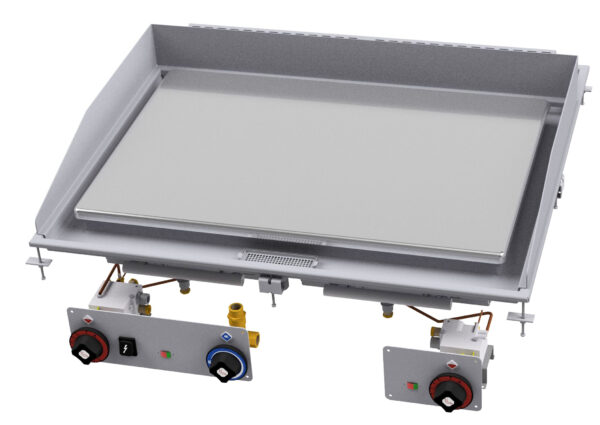 Fry-top gas liscio cromato SUPERCHROME (Moca Approved), piastra cm.79x53,5 - 2 zone di cottura. Accensione elettrica, indicatore presenza fiamma pilota, canala perimetrale allagabile, scarico con filtro removibile.