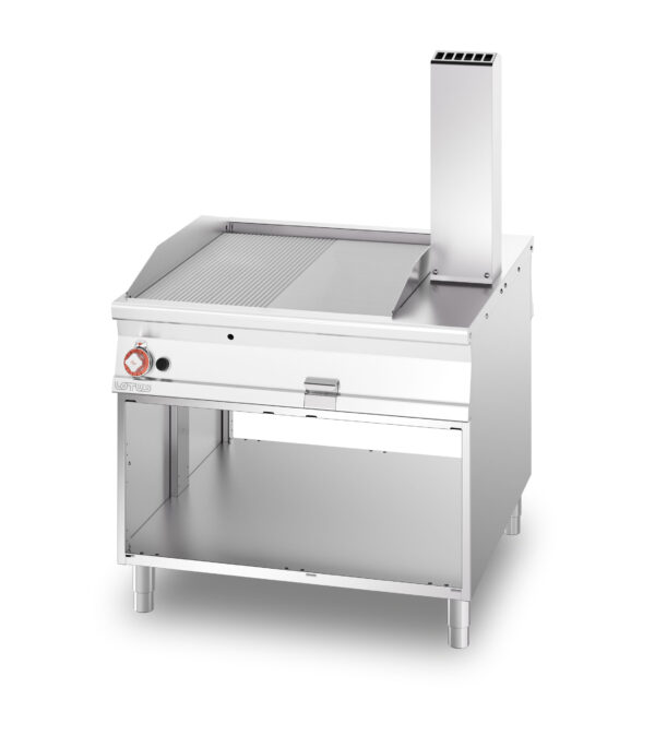 Fry-top gas passante  1/2 rigato + 1/2 liscio cromato SUPERCHROME (Moca Approved), su mobile a giorno, piastra cm.76x85 - 2 zone di cottura (inclusa 1 testata chiusura piano mod.TPA-11)