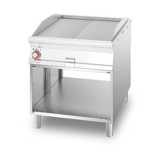 Fry-top elettrico passante  1/2 rigato + 1/2 liscio cromato SUPERCHROME (Moca Approved), su mobile a giorno, piastra cm.76x85 - 2 zone di cottura (inclusa 1 testata chiusura piano mod.TPA-11)