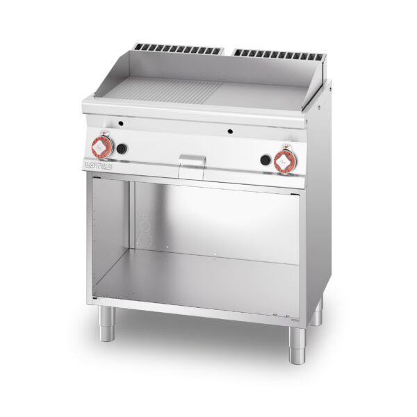 Fry-top gas 1/2 rigato + 1/2 liscio cromato SUPERCHROME (Moca Approved), su mobile a giorno, piastra cm.76x34 - 2 zone di cottura (inclusa 1 testata chiusura piano mod.TPA-55)