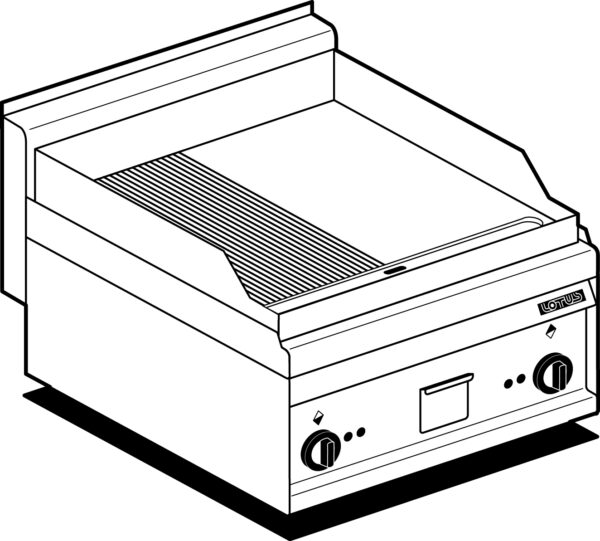 Fry-top elettrico 1/2 rigato + 1/2 liscio, piastra cm.55,5x55 - 2 zone di cottura