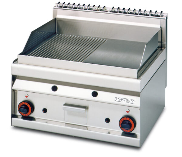 Fry-top gas 1/2 rigato + 1/2 liscio, piastra cm.55,5x55 - 2 zone di cottura