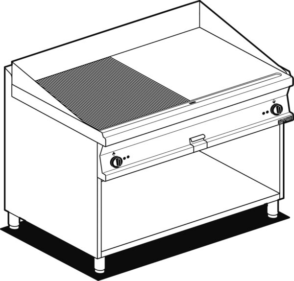 Fry-top elettrico 1/2 rigato + 1/2 liscio, su mobile a giorno, piastra cm.116x51 - 2 zone di cottura (inclusa 1 testata chiusura piano mod.TPA-7)