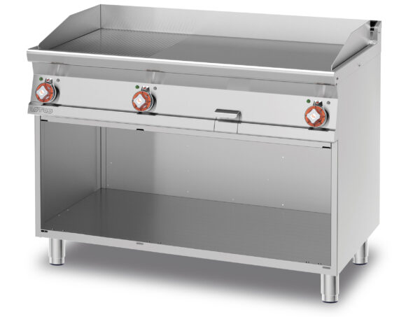 Fry-top elettrico 1/3 rigato + 2/3 liscio, su mobile a giorno, piastra cm.116x51 - 3 zone di cottura (inclusa 1 testata chiusura piano mod.TPA-7)