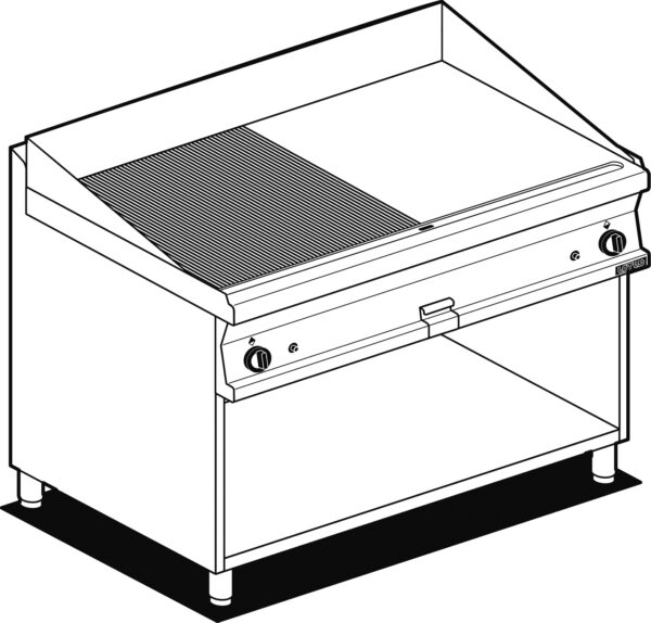 Fry-top gas 1/2 rigato + 1/2 liscio cromato SUPERCHROME (Moca Approved), su mobile a giorno, piastra cm.116x51 - 2 zone di cottura (inclusa 1 testata chiusura piano mod.TPA-7)