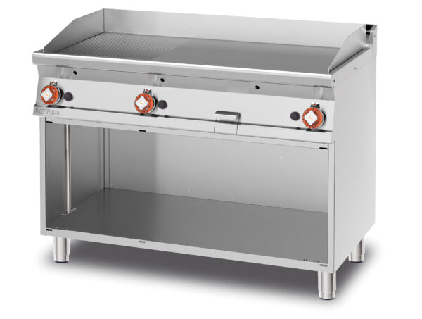 Fry-top gas 1/3 rigato + 2/3 liscio cromato SUPERCHROME (Moca Approved), su mobile a giorno, piastra cm.116x51 - 3 zone di cottura (inclusa 1 testata chiusura piano mod.TPA-7)