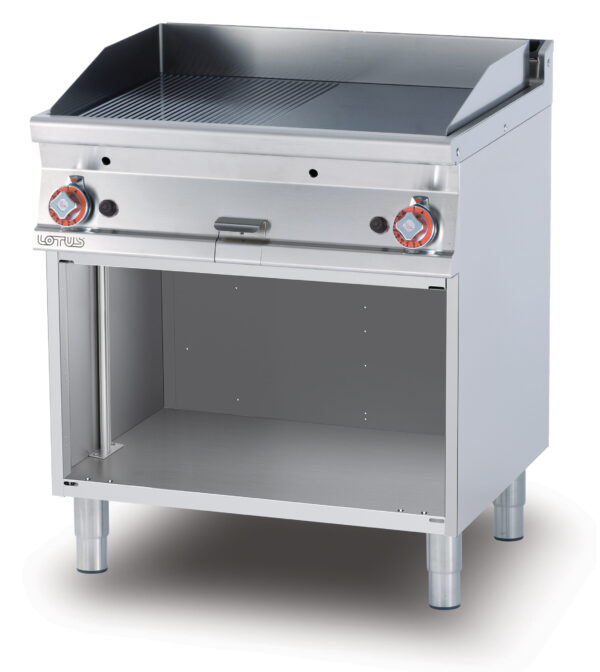 Fry-top gas 1/2 rigato + 1/2 liscio, su mobile a giorno, piastra cm.76x51 - 2 zone di cottura (inclusa 1 testata chiusura piano mod.TPA-7)