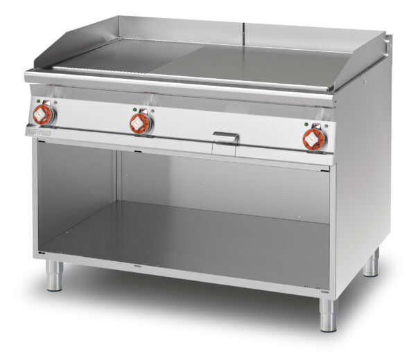 Fry-top elettrico 1/3 rigato + 2/3 liscio, su mobile a giorno, piastra cm.110,5x65 - 3 zone di cottura (inclusa 1 testata chiusura piano mod.TPA-9)