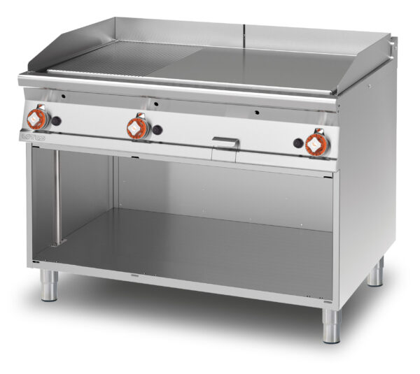 Fry-top gas 1/3 rigato + 2/3 liscio cromato SUPERCHROME (Moca Approved), su mobile a giorno, piastra cm.110,5x65 - 3 zone di cottura (inclusa 1 testata chiusura piano mod.TPA-9)