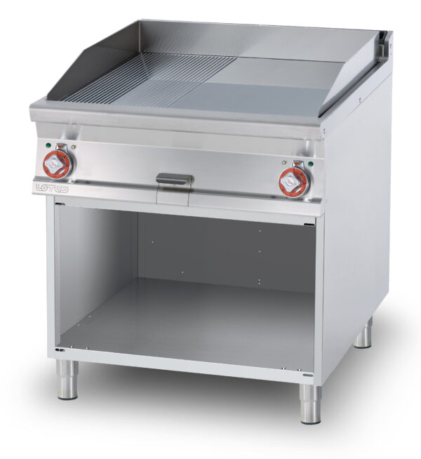 Fry-top elettrico 1/2 rigato + 1/2 liscio, su mobile a giorno, piastra cm.76x68 - 2 zone di cottura (inclusa 1 testata chiusura piano mod.TPA-9)