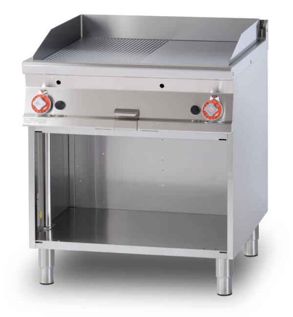 Fry-top gas 1/2 rigato + 1/2 liscio cromato SUPERCHROME (Moca Approved), su mobile a giorno, piastra cm.76x68 - 2 zone di cottura (inclusa 1 testata chiusura piano mod.TPA-9)