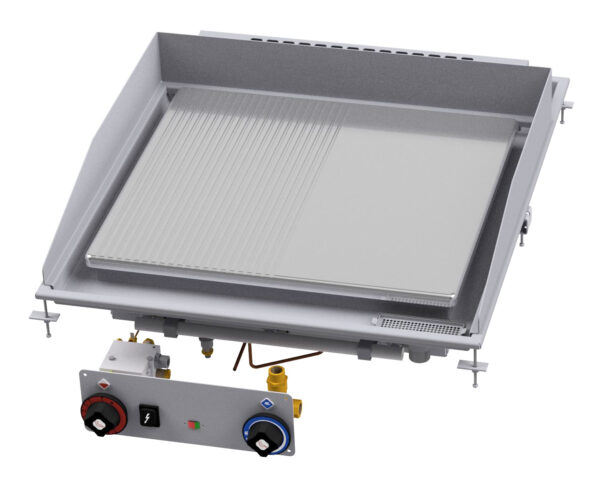 Fry-top gas 1/2 rigato + 1/2 liscio cromato SUPERCHROME (Moca Approved), piastra cm.59x53,5. Accensione elettrica, indicatore presenza fiamma pilota, canala perimetrale allagabile, scarico con filtro removibile.