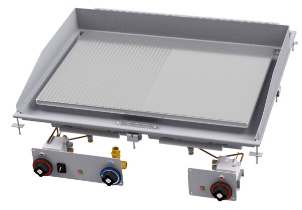 Fry-top gas 1/2 rigato + 1/2 liscio cromato SUPERCHROME (Moca Approved), piastra cm.79x53,5 - 2 zone di cottura. Accensione elettrica, indicatore presenza fiamma pilota, canala perimetrale allagabile, scarico con filtro removibile.