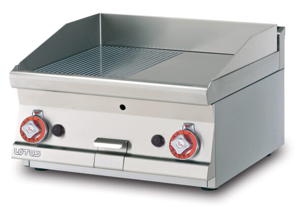 Fry-top gas 1/2 rigato + 1/2 liscio, piastra cm.59,5x45 - 2 zone di cottura