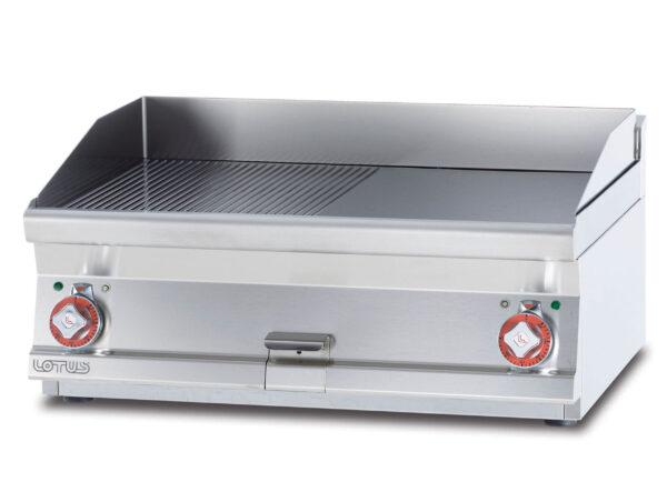 Fry-top elettrico 1/2 rigato + 1/2 liscio, piastra cm.79,5x45 - 2 zone di cottura