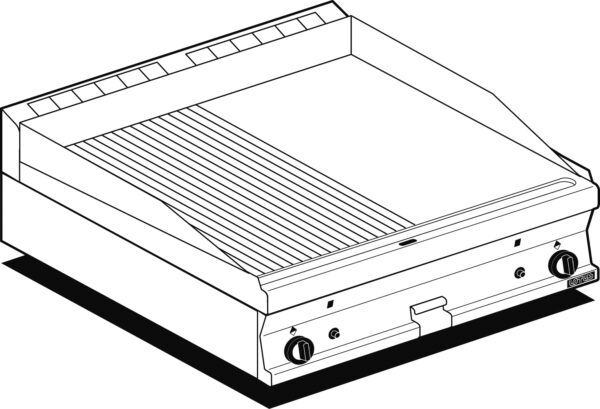Fry-top gas 1/2 rigato + 1/2 liscio cromato SUPERCHROME (Moca Approved), piastra cm.79,5x45 - 2 zone di cottura