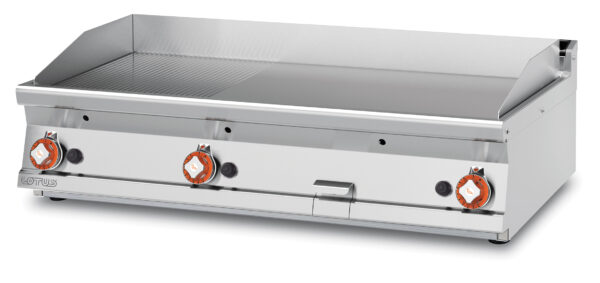 Fry-top gas 1/3 rigato + 2/3 liscio cromato SUPERCHROME (Moca Approved), piastra cm.116x51 - 3 zone di cottura (inclusa 1 testata chiusura piano mod.TPA-7)