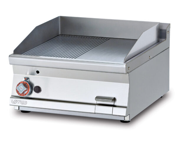 Fry-top gas 1/2 rigato + 1/2 liscio cromato SUPERCHROME (Moca Approved), piastra cm.56x51 (inclusa 1 testata chiusura piano mod.TPA-7)