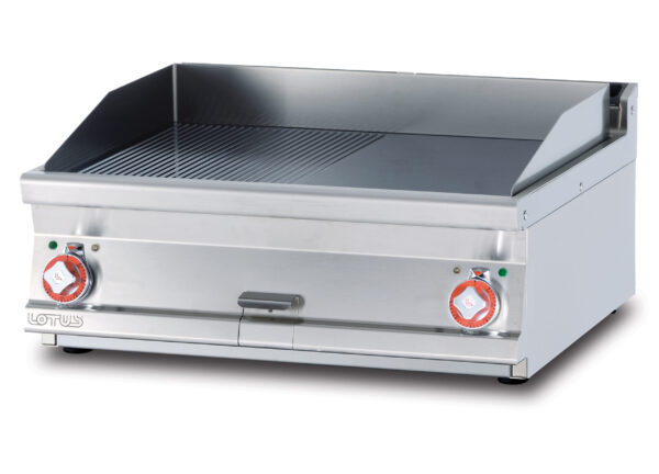 Fry-top elettrico 1/2 rigato + 1/2 liscio, piastra cm.76x51 - 2 zone di cottura (inclusa 1 testata chiusura piano mod.TPA-7)