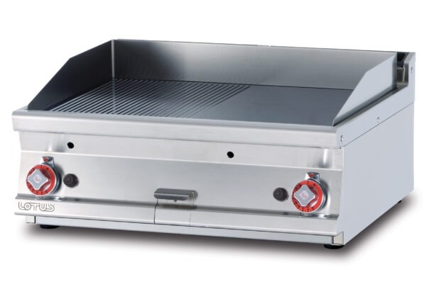 Fry-top gas 1/2 rigato + 1/2 liscio cromato SUPERCHROME (Moca Approved), piastra cm.76x51 - 2 zone di cottura (inclusa 1 testata chiusura piano mod.TPA-7)