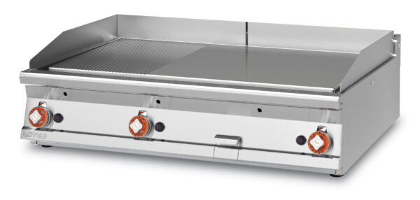 Fry-top gas 1/3 rigato + 2/3 liscio cromato SUPERCHROME (Moca Approved), piastra cm.110,5x65 - 3 zone di cottura (inclusa 1 testata chiusura piano mod.TPA-9)
