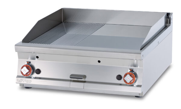 Fry-top gas 1/2 rigato + 1/2 liscio cromato SUPERCHROME (Moca Approved), piastra cm.76x68 - 2 zone di cottura (inclusa 1 testata chiusura piano mod.TPA-9)