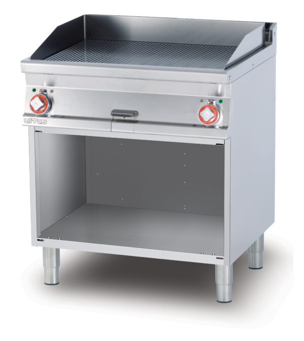 Fry-top elettrico rigato, su mobile a giorno, piastra cm.76x51 - 2 zone di cottura (inclusa 1 testata chiusura piano mod.TPA-7)