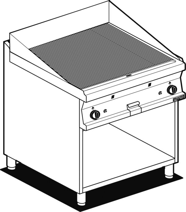 Fry-top gas rigato, su mobile a giorno, piastra cm.76x51 - 2 zone di cottura (inclusa 1 testata chiusura piano mod.TPA-7)