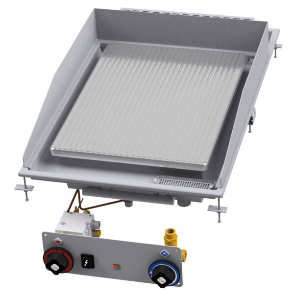 Fry-top gas rigato cromato SUPERCHROME (Moca Approved), piastra cm.39x68,5. Accensione elettrica, indicatore presenza fiamma pilota, canala perimetrale allagabile, scarico con filtro removibile.