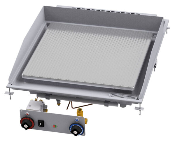 Fry-top gas rigato cromato SUPERCHROME (Moca Approved), piastra cm.59x53,5. Accensione elettrica, indicatore presenza fiamma pilota, canala perimetrale allagabile, scarico con filtro removibile.