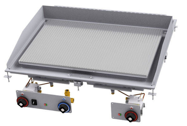 Fry-top gas rigato cromato SUPERCHROME (Moca Approved), piastra cm.79x53,5 - 2 zone di cottura. Accensione elettrica, indicatore presenza fiamma pilota, canala perimetrale allagabile, scarico con filtro removibile.