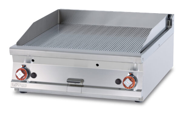 Fry-top gas rigato cromato SUPERCHROME (Moca Approved), piastra cm.76x68 - 2 zone di cottura (inclusa 1 testata chiusura piano mod.TPA-9)