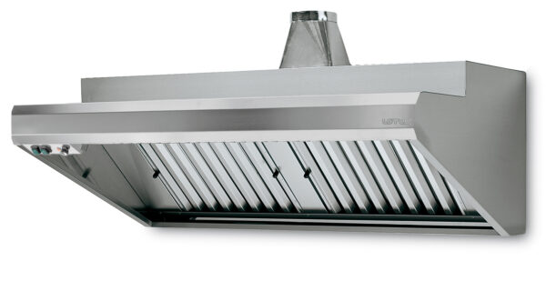 CAPPA A PARETE completa di motore aspirante, regolatore di velocità e lampada. Portata 2100 mc/h