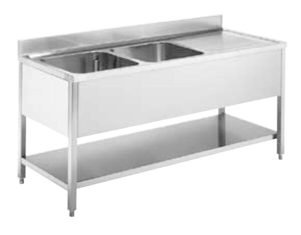 LAVELLO con 2 vasche cm.40x50x25h e gocciolatoio destro, alzatina e ripiano di fondo