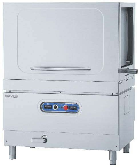 LAVASTOVIGLIE A TRAINO capacità 95÷145 cesti/h. - struttura a doppia parete, porta a ghigliottina controbilanciata a doppia parete a tutta larghezza, con fermo e micro di sicurezza, scarico vasca facilitato a mezzo di una leva posta frontalmente. Senso di