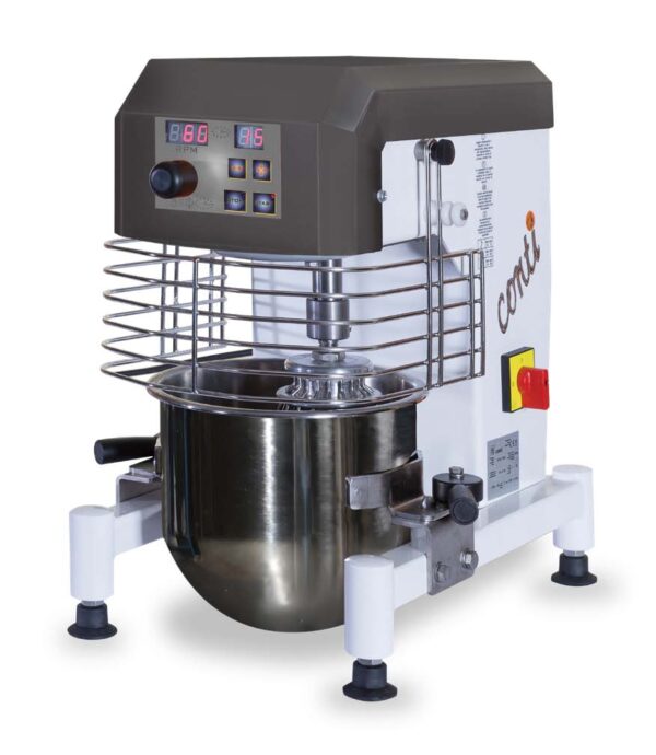 IMPASTATRICE PLANETARIA 5 lt. Variatore di velocità elettronico 40/200 rpm. Vasca, uncino, spatola e frusta in acciaio inox. Protezione schermata, Eccentrico in alluminio alimentare, Trasmissione meccanica con ingranaggi autolubrificanti