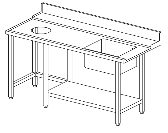 Tavolo prelavaggio sinistro con foro per sbarazzo, vasca cm.50x40x25h, alzatina e ripiano inferiore